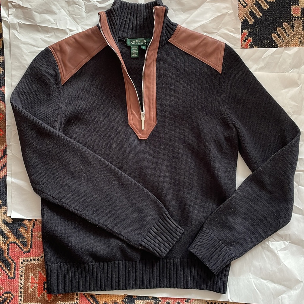 Ralph Lauren 1/4 Zip Black Cotton Sweater Leather Nwot Pullover Top Classic Prep
